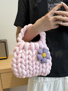 Coarse Yarn DIY Hand-Woven Bag Homemade Material Bag Satchel Womens Bag Wool Flower Get Gift for Girlfriend Free