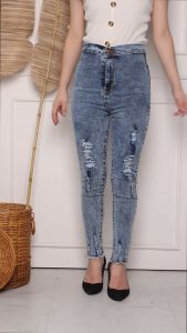 Highwaist Jeans Sobek Lapis Ghinza / Hw Jeans Ripped Ginza Stretch / Celana Pensil Wanita Sobek Snow