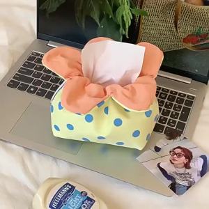 Flower Tissue Box Cover Cute Petal Polka Dot Soft Fabric Drawstring Napkin Holder for Girls Office Desk Bedroom Home Decor