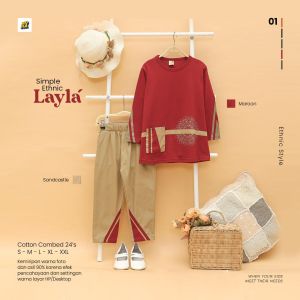 Setelan Anak Perempuan Baju Muslim Simple Ethnic Layla Usia 5-12 Tahun: Warna Oranye Hijau Coklat Merah Abu-abu Kombinasi Hijab dan Celana Panjang Cocok untuk Acara Etnik dan Pesta.