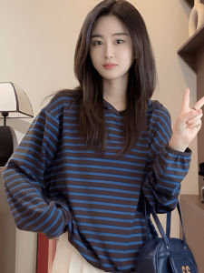 Spring Early Color Collision Stripe Hat Long Sleeve Womens T-shirt Loose Inner Wear Base Shirt Korean Style Commute Classic Pattern