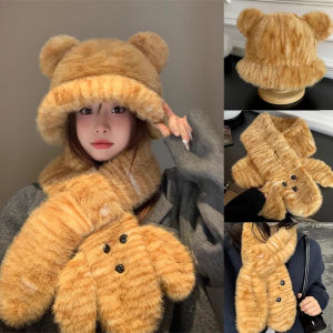 หมวกทรงถังผ้ากำมะหยี่ขนยาวสองชิ้นผ้าพันคอหมวกฤดูหนาวหูหมีผ้าพันคอการ์ตูนอบอุ่นพิมพ์ลายเสือดาวสำหรับผู้หญิงการป้องกันคอ