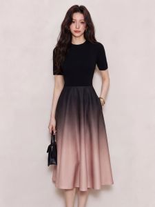 QFN | Black Gradient Short Sleeve Fitted Mid-Length Dress