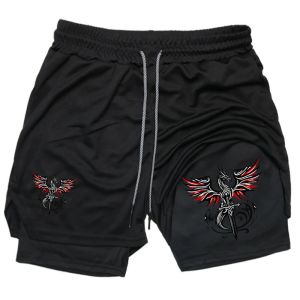 Sword and Dragon Print 2 in 1 Gym Workout Shorts for Men Quick Dry Stretchy Athletic Compression Shorts Fitness Running Jogging