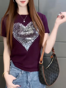 Spring Summer 2025 Womens Short Sleeve T-Shirt round Neck Diamond Heart Design Slimming Versatile Base Shirt Summer Fashion