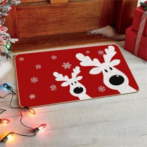 VIKAMA Red Christmas Doormat Cute White Reindeer Faces Peeking Snowflakes Welcome Mat Entryway Rug Xmas Front Door Mat