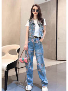 LIANGYILAILIN | Fashionable Summer Womens Two-Piece Outfit with Denim Vest and Wide Leg Pants