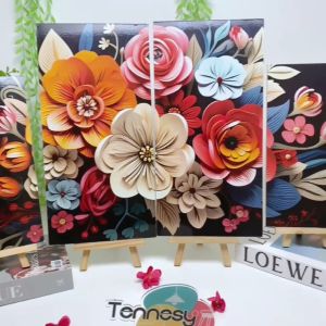 TENNESY Hiasan Dinding Aesthetic 1 Set Bunga Floral 3D Paper Art 4 Panel Wall Decor Pajangan Kamar
