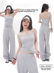 เสื้อกั๊กสปอร์ตคอวีใหญ่สีเทาสำหรับผู้หญิง ชุดคลุมหน้าอก แขนกุด ทรงสลิมฟิต ทรงหลวม สไตล์ลำลอง ฤดูร้อน 2024