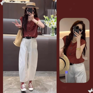 Shalldoer | Áo sơ mi chống nắng cổ tròn tay ngắn dáng rộng thời trang đơn giản cho nữ mùa hè 2025 Áo sơ mi thường ngày đa năng