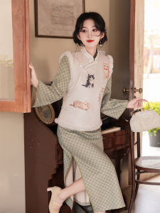 New Chinese Style Girl Cat Print Vest Autumn Winter Thick Long Sleeve Flag Dress Two Piece Set Fleece Lined Retro Style Long Qipao