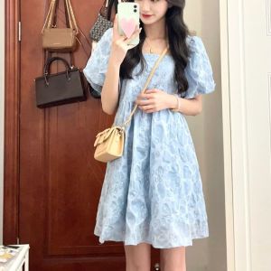 IELGY milk sweet waist square collar printed puff sleeves puffy small one-piece dress female
