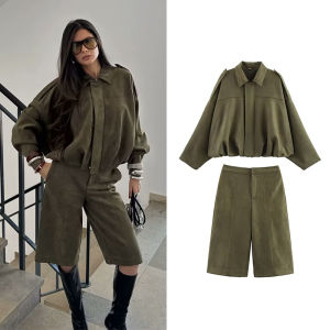 Bộ Quần Short Nữ Cạp Cao Phối Áo Khoác Tay Dài Rộng Rãi Thời Trang Hai Mảnh Chất Liệu Polyester Mùa Xuân/hè