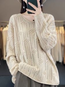Áo Len Dệt Kim Lông Cừu Rộng Rãi Dài Tay Cho Nữ Mùa Xuân Thu Mới Về Cổ Chữ V Màu Trơn Áo Len Dệt Kim Lỗ Khoét Rỗng