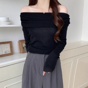 chaqi | Womens Knitted Base Shirt High Waist Regular Shoulder Long Sleeve Fashionable Inner Wear French Style Irregular Sweater