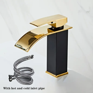 Luxury Black White Gold Waterfall Faucet with Hot and Cold Pipe Dual Control Stainless Steel Alloy Finish for Bathroom Sink