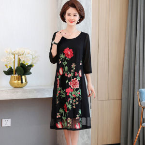 Elegant Loose Dress Embroidered Large Flowers Mesh Sleeve Seven Spring Summer Mid-Year Womens Fashion Commute Style A-Line Skirt