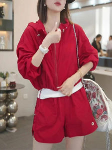 Shalldoer | Womens Sportswear Set Summer Red Drawstring Hooded Sun Protection Shirt And Solid Color Shorts Two-Piece Suit Casual Outdoor Wear