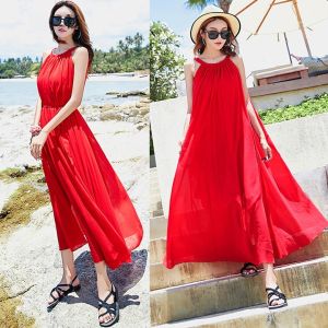 Red Beach Dress Womens Backless Bohemian Style Long Skirt Halter Neck High Waist Zipper Closure V-neck Single Piece Summer 2022