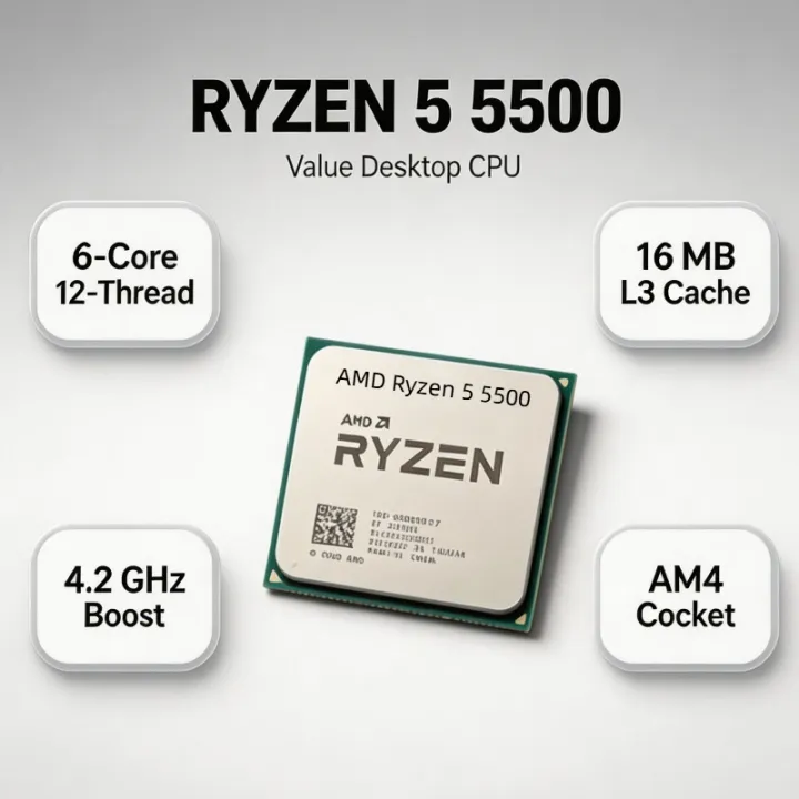 AMD | AMD Ryzen 5 5500 R5 5500 7NM 6‑Core 12‑Thread CPU 4.2GHz Boost 65W TDP L3 16MB Socket AM4 Desktop Component No Cooler