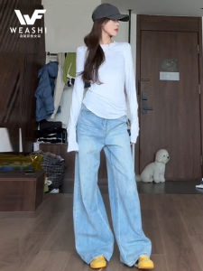 Quần Jeans Ống Rộng Cạp Cao Màu Xanh Nhạt Cho Nữ Quần Dài Đến Sàn Ống Thẳng Thời Trang Mùa Thu Quần Jeans Denim Thường Ngày