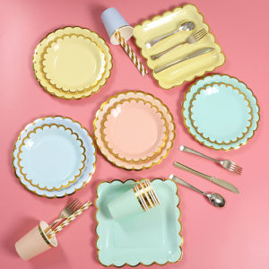 Đĩa Giấy Trang Trí Tiệc Macaron Gradient Dùng Một Lần Khăn Trải Bàn Cốc Giấy Bánh Kem Trang Trí Tiệc Ngoài Trời Đĩa Trang Trí Bánh Ngọt