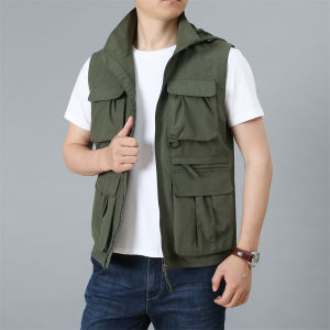 Loose Fit Summer Mens Vest Spring Autumn No Sleeve Stand Collar Multi Pocket Quick Dry Thin Outerwear Jacket for All Seasons