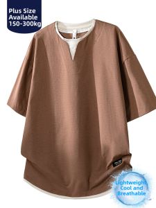 BINHANG | V Neck Fake Two-Piece T-Shirt Light and Breathable