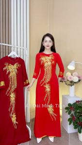 Áo Dài Chất Liệu Lụa Mỹ Cao Cấp Họa Tiết Đính Kết Đá + May Thủ Công Tỉ Mỉ - Mã C1 Cổ Tròn Đỏ Tươi