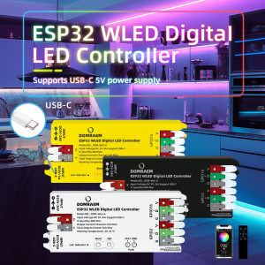 DOMRAEM ESP32 USB-C WLED Digital LED Controller RGB IC DIY APP 16A Fuse Works with HA/MQTT/Alex WS2811/12/12B/14/05 Sk6812 Strip