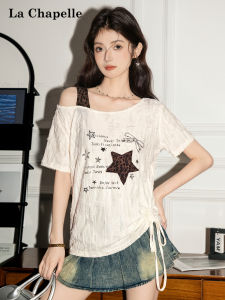 La Chapelle | Cartoon Print Plunge Neck Off-shoulder Ruched Tie T-Shirt