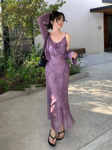 Elegant French Style Purple Floral Print Strap Dress Womens Design Sensation Gored Hem Waist Cinching Long Dress