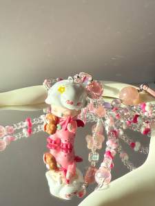 Beaded Bow Phone Strap with Pink-Themed Figurine