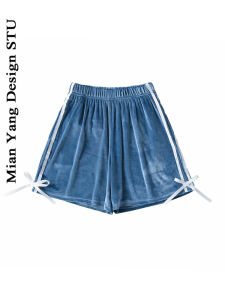 กางเกงขาสั้นผ้ากำมะหยี่เอวยางยืดสไตล์วินเทจสไตล์ย้อนยุคสำหรับผู้หญิง กางเกงวอร์มลำลองลายทางข้างและโบว์ผีเสื้อ กางเกงขายาวทรงหลวม