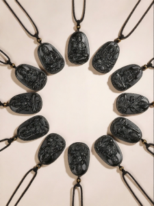 QINGXIANGTAI | Natural Black Obsidian Zodiaca Guardian Buddha Pendant Necklace