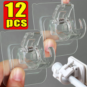 12/6pcs Self Adhesive Rail Hooks Nail-Free Curtain Clamp Rods Clips Hook Adjustable Shower Household Storage Hanging Stick Rack Holder