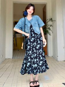 Slimming Denim Vest And Dress Set Womens Summer New Style Two-Piece Korean High Waist A-Line Skirt Floral Print Short Sleeve