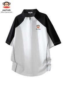 Paul Frank | Patched Color Blocking Stand-up Collar Short Sleeve Slim Fit Zipper T-shirt
