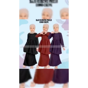 BUDAK BAJU KURUNG FRILLS MUSLIMAH KIDS FASHION PLAIN COMO CRAPE 2 YEARS TO 12 YEARS Anak