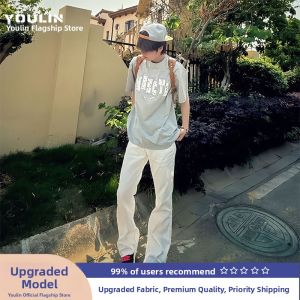 White Slim Fit Summer Thin American High Street Vibe Jeans Mens Casual Straight Leg Bell Bottoms mid High Waist Washed Denim