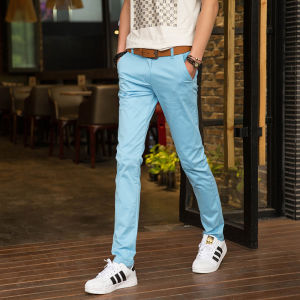 Mens Casual Pants Yellow Cotton Green Korean Style Slim Fit Small Foot Pure Cotton Elastic Colorful Long Pants Autumn