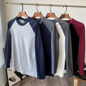 Spring 2022 Mens Crew Neck Long Sleeve T-Shirt Washed Cotton Solid Color Block Hoodie Casual Standard Fit Youth Trend Spring