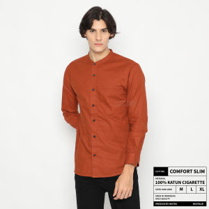 Helten Kemeja Koko Kerah Sanghai Saku Bobok Lengan Panjang Warna Merahbata Teracota Comfort Slim