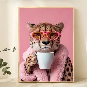 Charming Cheetah Drink Coffee Canvas Art PrintFrameless Poster Perfect for Animal Lovers Wall Decor for Home Office Cafe