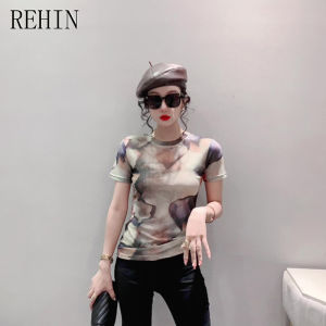 REHIN Women’s T-shirt Summer Fashion Mesh Printed Unique Print Short-sleeved Round-neck New Korean Style Shirt Slim-fit Trendy Top with Floral Pattern Women blouse