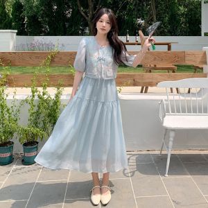New Chinese Style V-Neck Long Dress Womens Summer Slimming Waist Cinched Fake Two-Piece Gown High Waist A-Line Skirt