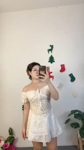 ชุดเซ็ตผูกโบว์ สไตล์หวานเซ็กซี่ เสื้อคอเหลี่ยม+กระโปรงสั้น