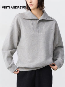 Thermal Knitted Versatile Polo Neck Loose Fitting Womens Sweatshirt