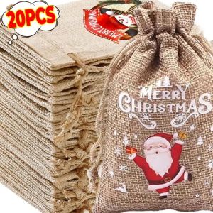 20PCS Christmas Linen Drawstring Bags Candy Biscuits Pouchs Burlap Bracelet Jewelry Storage Bags Xmas Kids Gift Packaging Bags