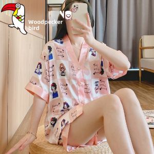 Woodpecker Fancy Sweet Silk Pajamas Young Adult Summer Ice Silk Cardigan Cool Feeling Pink Short Sleeve Homewear